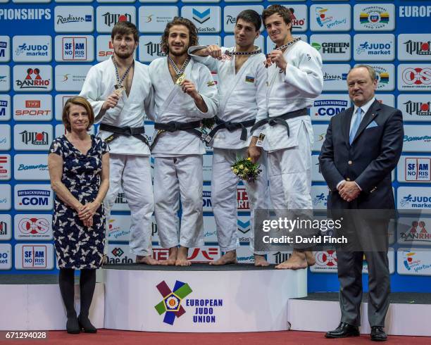 Under 63kg medallists L-R: Silver; Musa Mogushkov , Gold; Hidayat Heydarov , Bronzes; Rustam Orujov and Tommy Macias during the 2017 Warsaw European...