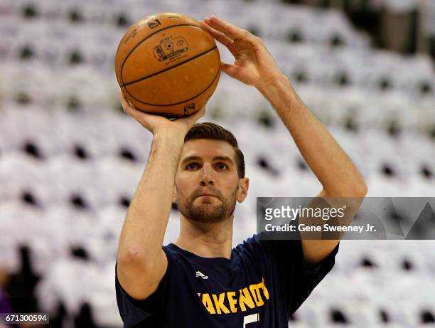 Jeff Withey of the Utah Jazz warms up prior to their game against the Los Angeles Clippers in Game Three of the Western Conference Quarterfinals...