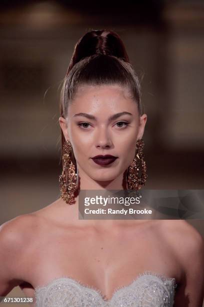 Model walks the runway during the rehersal at the Berta Runway show during New York Fashion Week: Bridal April 2017 at The Plaza Hotel on April 21,...