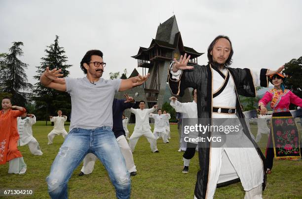 Bollywood actor Aamir Khan practices Tai Chi at Mount Qingcheng on April 20, 2017 in Chengdu, China.