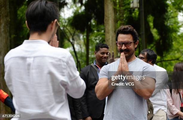 Bollywood actor Aamir Khan practices yoga at Mount Qingcheng on April 20, 2017 in Chengdu, China.