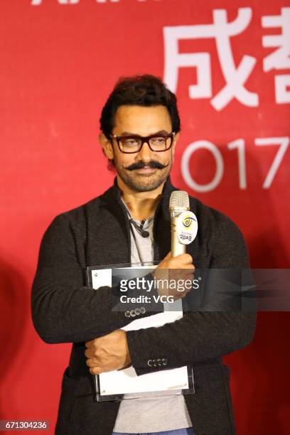 Bollywood actor Aamir Khan attends 'Dangal' press conference on April 20, 2017 in Chengdu, China.
