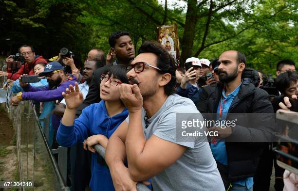 Bollywood actor Aamir Khan visits the Dujiangyan base of the China Conservation and Research Center for Giant Pandas on April 20, 2017 in Chengdu,...