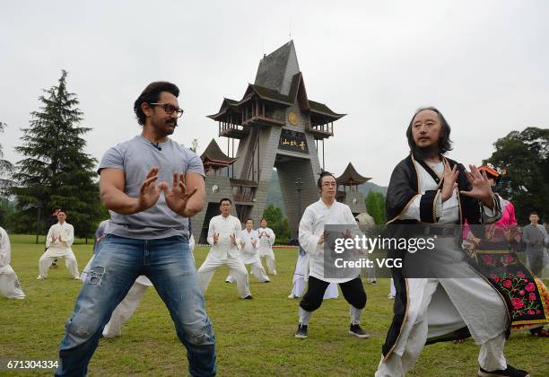 Bollywood actor Aamir Khan practices Tai Chi at Mount Qingcheng on April 20, 2017 in Chengdu, China.