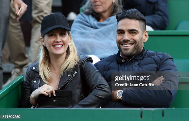 Radamel Falcao of AS Monaco and his wife Lorelei Taron attend Rafael Nadal's match on day 6 of the Monte-Carlo Rolex Masters, an ATP Tour Masters...