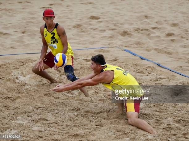 Jian Bao and Likejiang Ha of China in action at the FIVB Beach Volleyball World Tour Xiamen Open 2017 on April 21, 2017 in Xiamen, China.