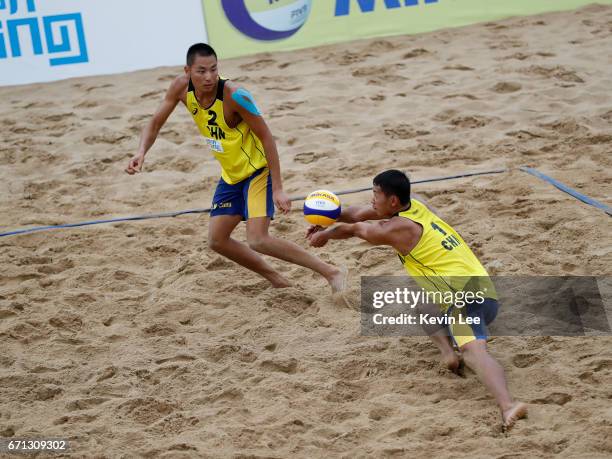 Chaowei Zhou and Zhuoxin Li of China in action at the FIVB Beach Volleyball World Tour Xiamen Open 2017 on April 21, 2017 in Xiamen, China.