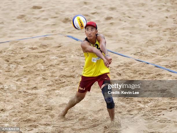 Zian Bao of China in action at the FIVB Beach Volleyball World Tour Xiamen Open 2017 on April 21, 2017 in Xiamen, China.