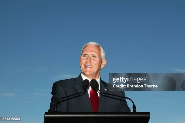 Vice President Mike Pence laughs during a press conference at Kirribilli House on April 22, 2017 in Sydney, Australia. Mr Pence will meet with Prime...