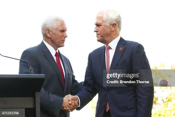 Vice President, Mike Pence and Australian Prime Minister, Malcolm Turnbull shake hands during a press conference at Kirribilli House on April 22,...