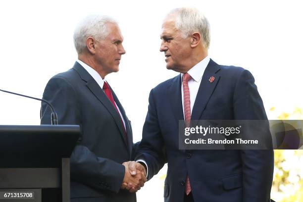 Vice President, Mike Pence and Australian Prime Minister, Malcolm Turnbull shake hands during a press conference at Kirribilli House on April 22,...