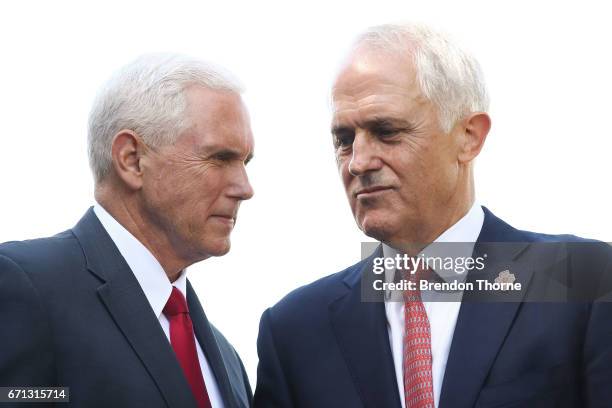 Vice President, Mike Pence and Australian Prime Minister, Malcolm Turnbull shake hands during a press conference at Kirribilli House on April 22,...