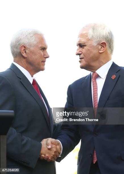 Vice President, Mike Pence and Australian Prime Minister, Malcolm Turnbull shake hands during a press conference at Kirribilli House on April 22,...