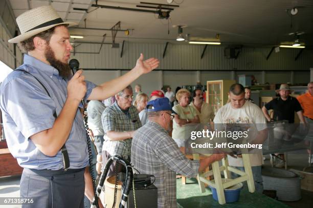 An Amish auctioneer at Shipshewana Auction House.