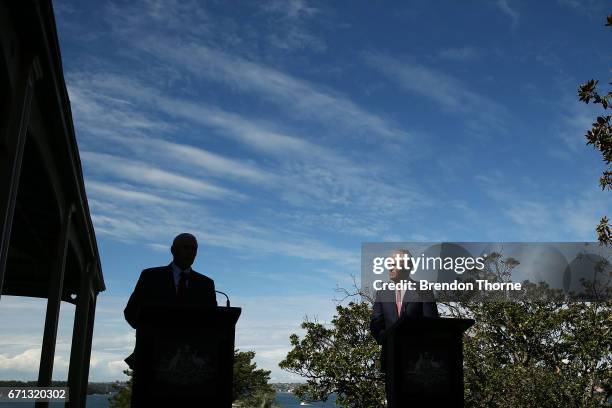 Vice President, Mike Pence and Australian Prime Minister, Malcolm Turnbull speak during a press conference at Kirribilli House on April 22, 2017 in...