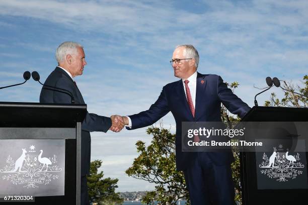 Vice President, Mike Pence and Australian Prime Minister, Malcolm Turnbull shake hands during a press conference at Kirribilli House on April 22,...