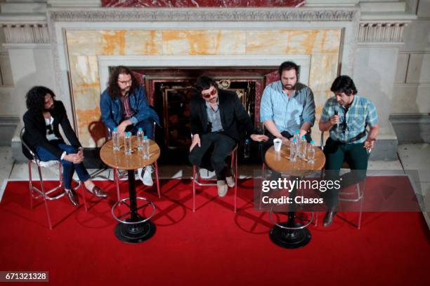 Members of the Mexican band Enjambre attend the press conference prior their show to take place at the Metropolitan Theater on April 20, 2017 in...