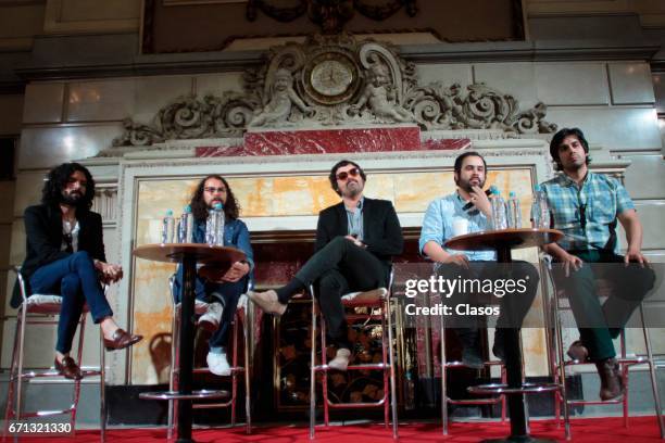 Members of the Mexican band Enjambre attend the press conference prior their show to take place at the Metropolitan Theater on April 20, 2017 in...