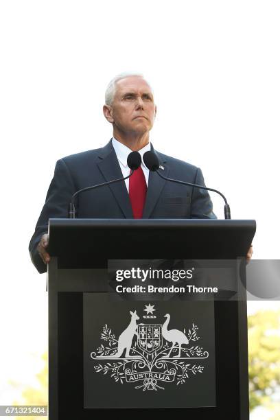 Vice President, Mike Pence speaks during a press conference at Kirribilli House on April 22, 2017 in Sydney, Australia. Mr Pence will meet with Prime...