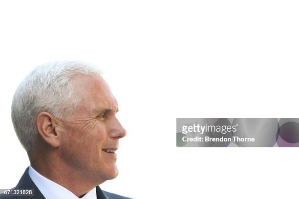 Vice President, Mike Pence speaks during a press conference at Kirribilli House on April 22, 2017 in Sydney, Australia. Mr Pence will meet with Prime...