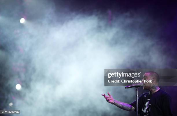 Rapper Mac Miller performs at the Sahara Tent during day 1 of the 2017 Coachella Valley Music & Arts Festival at the Empire Polo Club on April 21,...