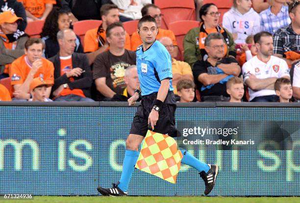 Assistant Referee Ashley Beecham runs the touchline during the A-League Elimination Final match between the Brisbane Roar and the Western Sydney...