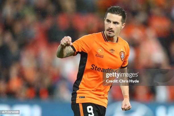 Jamie Maclaren of the Roar celebrates after scoring in the penalty shootout during the A-League Elimination Final match between the Brisbane Roar and...