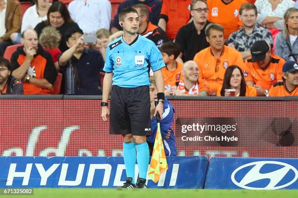 Referees during the A-League Elimination Final match between the Brisbane Roar and the Western Sydney Wanderers at Suncorp Stadium on April 21, 2017...