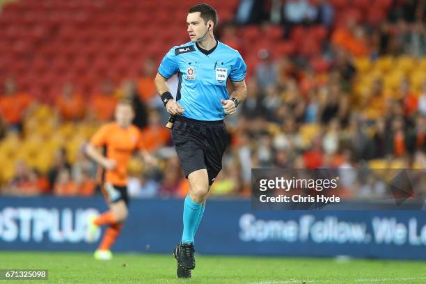 Referees during the A-League Elimination Final match between the Brisbane Roar and the Western Sydney Wanderers at Suncorp Stadium on April 21, 2017...