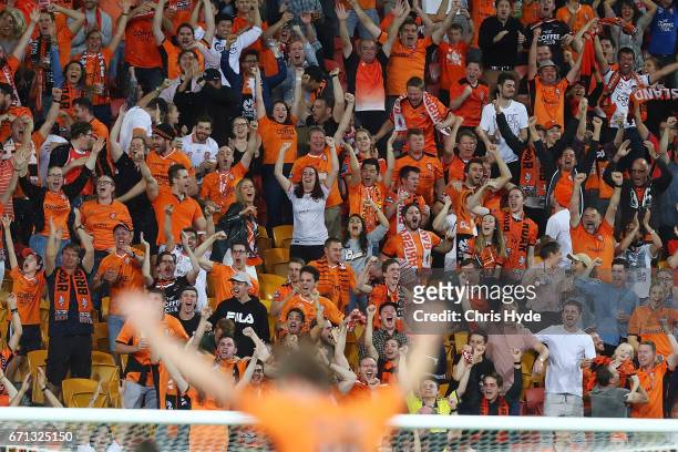 Roar fans cheer during the A-League Elimination Final match between the Brisbane Roar and the Western Sydney Wanderers at Suncorp Stadium on April...