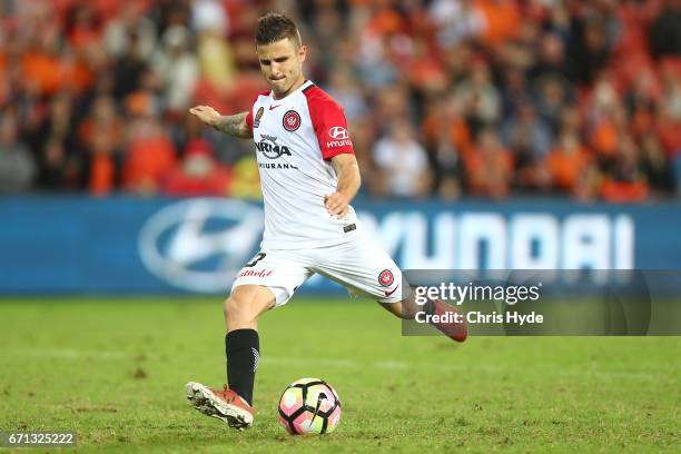 Nicholas Martinez of the Wanderers kicks during the A-League Elimination Final match between the Brisbane Roar and the Western Sydney Wanderers at...