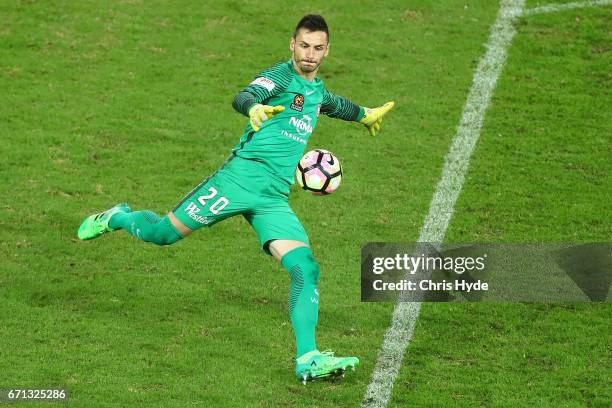 Vedran Janjetovic of the Wanderers kicks during the A-League Elimination Final match between the Brisbane Roar and the Western Sydney Wanderers at...