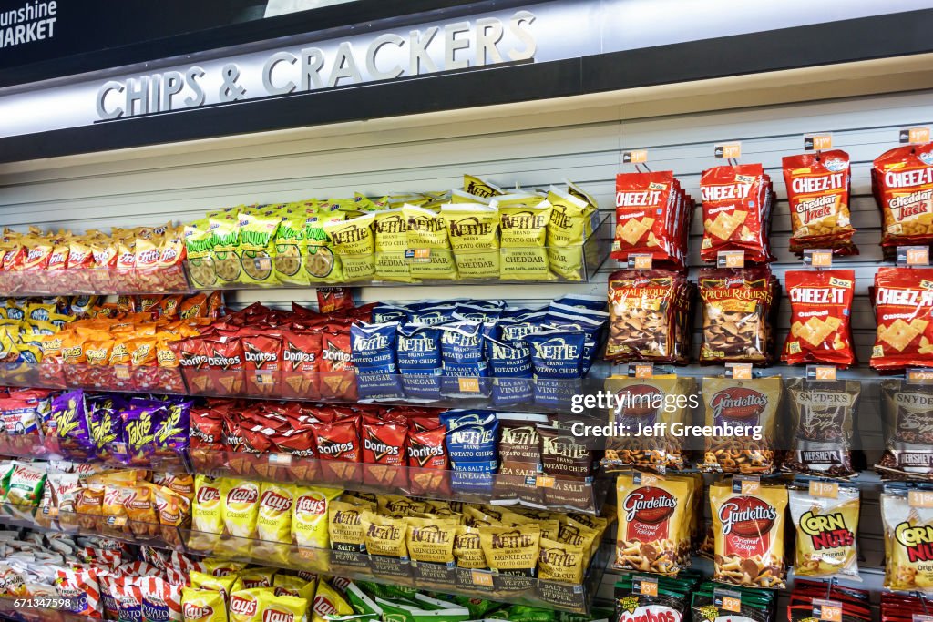 Chips and crackers display in a convenience store at Fort Drum Service Plaza.