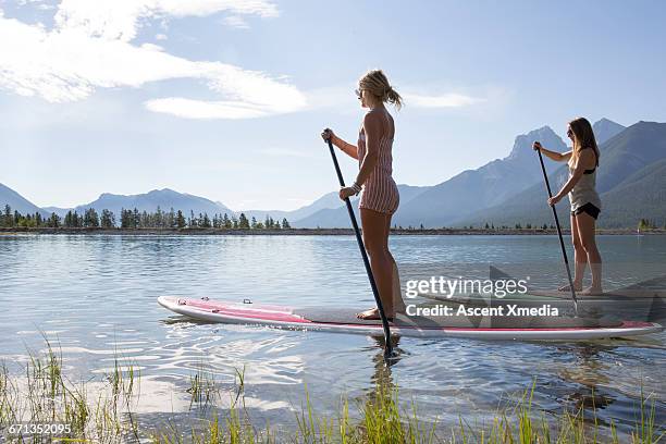 two stand up paddleboard ladies pilot mtn lake - paddla bildbanksfoton och bilder