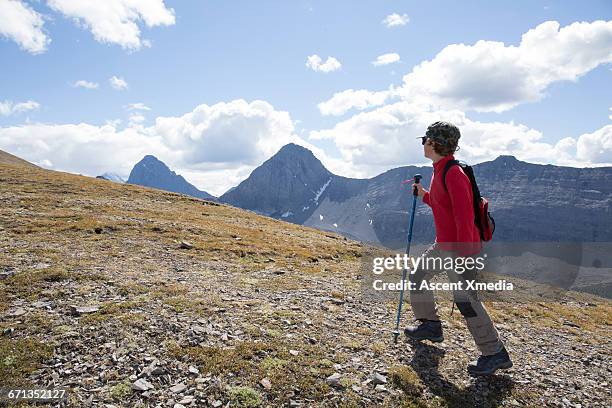 young boy walks along mountain ridge crest - somente crianças imagens e fotografias de stock
