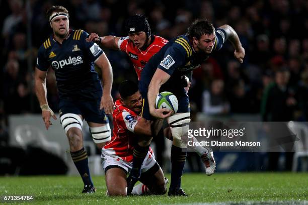 Liam Squire of the Highlanders on the charge during the round nine Super Rugby match between the Highlanders and the Sunwolves at Rugby Park Stadium...