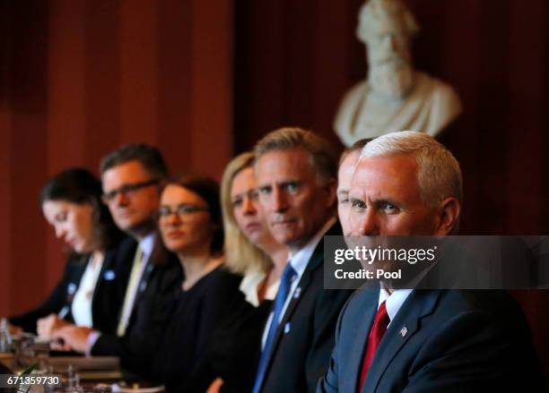 Vice President Mike Pence speaks during a meeting with Australian Prime Minister Malcolm Turnbull at Admiralty House on April 22, 2017 in Sydney,...