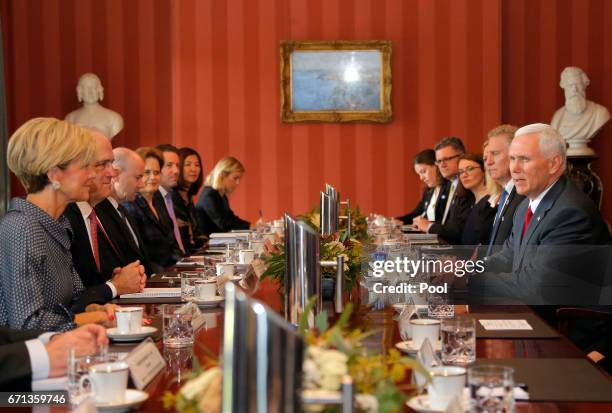 Vice President Mike Pence participates in a meeting with Australian Prime Minister Malcolm Turnbull at Admiralty House on April 22, 2017 in Sydney,...