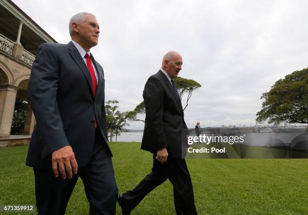 Vice President Mike Pence and Australia's Governor-General Peter Cosgrove walk the grounds of Admiralty House on April 22, 2017 in Sydney, Australia....