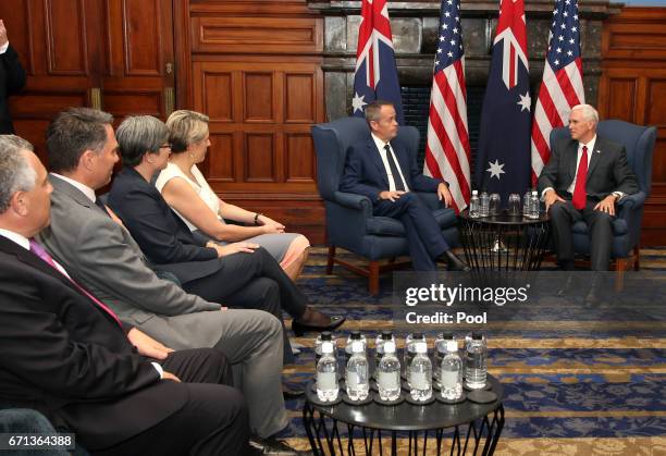 Vice President Mike Pence, right, meets with the Australian opposition leader Bill Shorten, second right, on April 22, 2017 in Sydney, Australia. Mr...