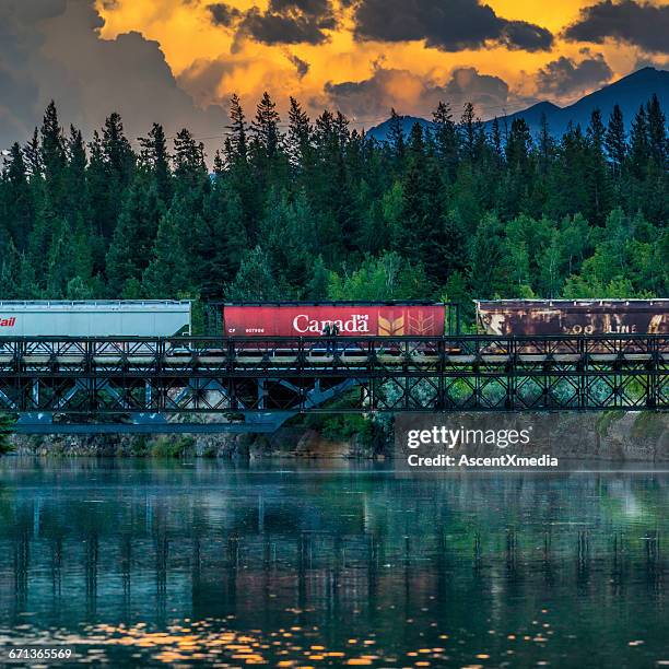 train cars pass over trestle bridge, mountains - comboio de mercadorias imagens e fotografias de stock