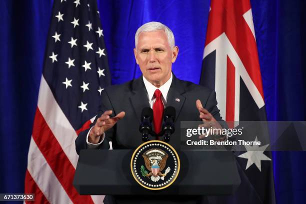 Vice President, Mike Pence addresses business leaders at The InterContinental on April 22, 2017 in Sydney, Australia. Mr Pence will meet with Prime...