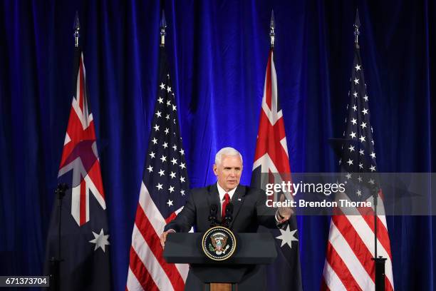 Vice President, Mike Pence addresses business leaders at The InterContinental on April 22, 2017 in Sydney, Australia. Mr Pence will meet with Prime...