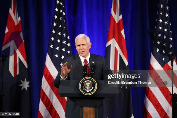 Vice President, Mike Pence addresses business leaders at The InterContinental on April 22, 2017 in Sydney, Australia. Mr Pence will meet with Prime...