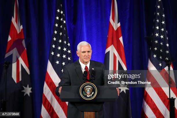 Vice President, Mike Pence addresses business leaders at The InterContinental on April 22, 2017 in Sydney, Australia. Mr Pence will meet with Prime...