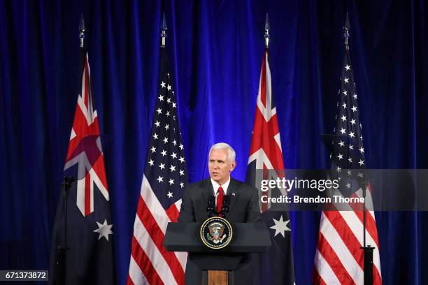 Vice President, Mike Pence addresses business leaders at The InterContinental on April 22, 2017 in Sydney, Australia. Mr Pence will meet with Prime...