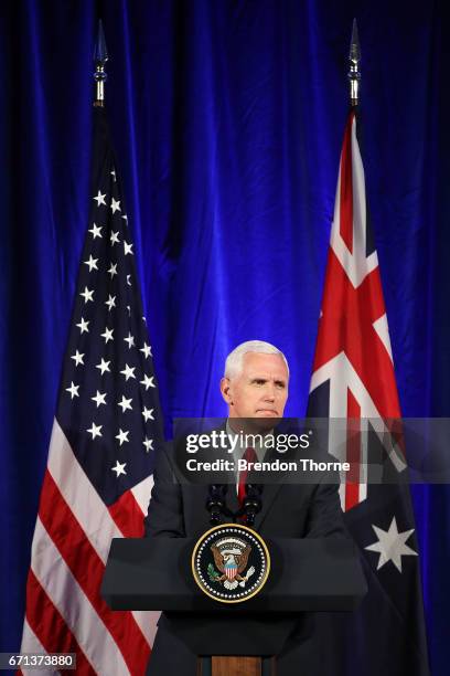 Vice President, Mike Pence addresses business leaders at The InterContinental on April 22, 2017 in Sydney, Australia. Mr Pence will meet with Prime...