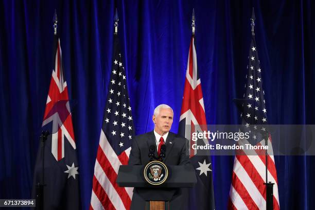 Vice President, Mike Pence addresses business leaders at The InterContinental on April 22, 2017 in Sydney, Australia. Mr Pence will meet with Prime...