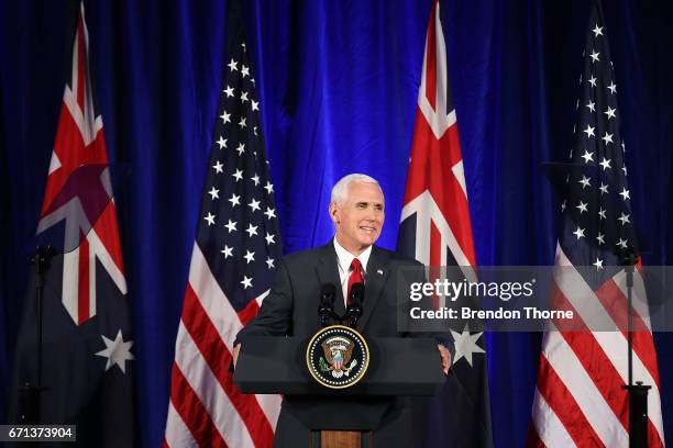 Vice President, Mike Pence addresses business leaders at The InterContinental on April 22, 2017 in Sydney, Australia. Mr Pence will meet with Prime...