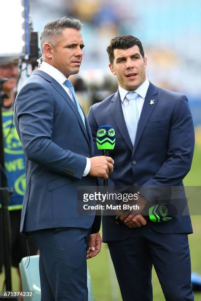 Former NRL players now FOX commentators Corey Parker and Michael Ennis look on before the round eight NRL match between the Parramatta Eels and the...